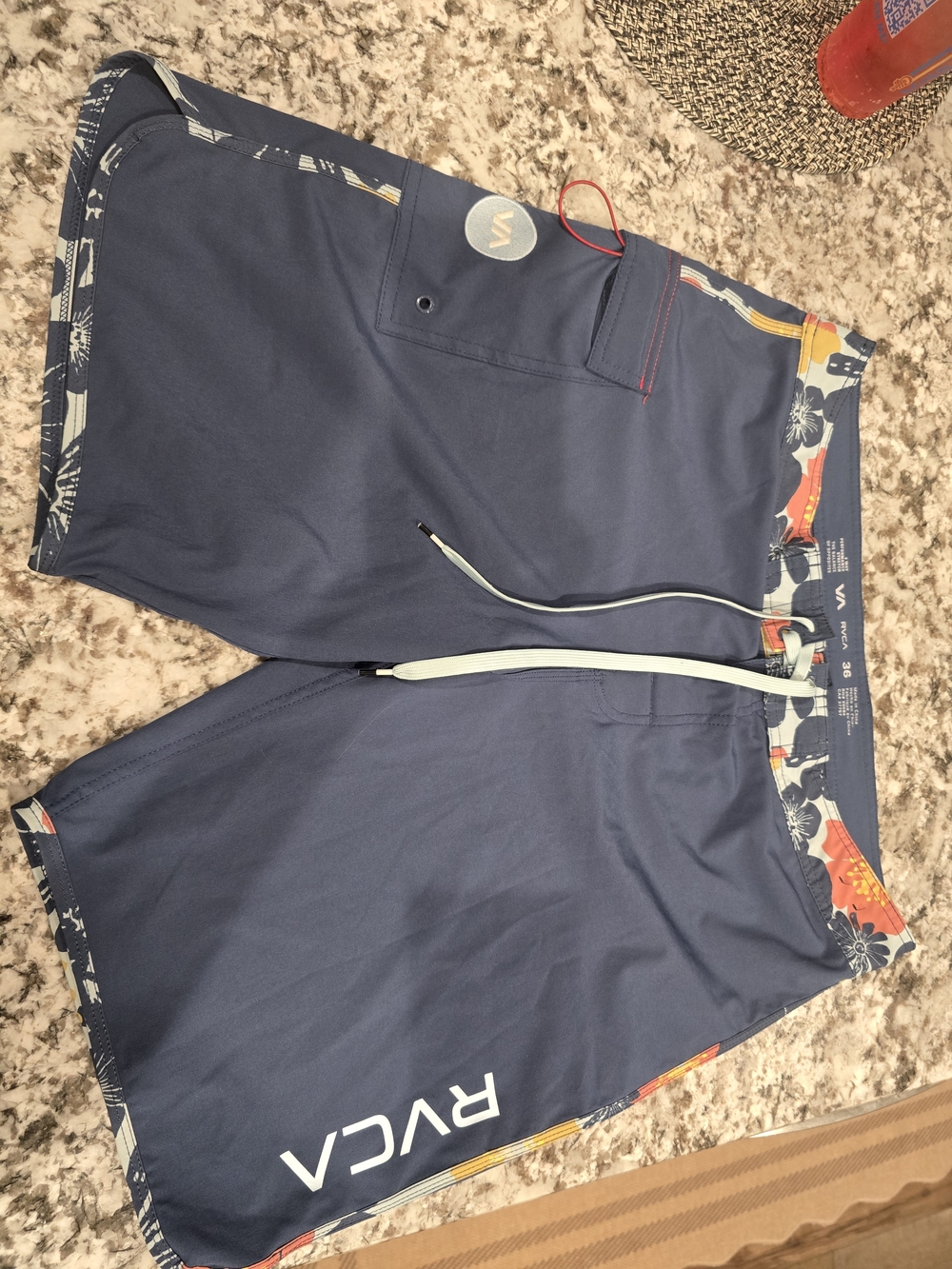 RVCA Navy Blue Board Shorts with Floral Trim